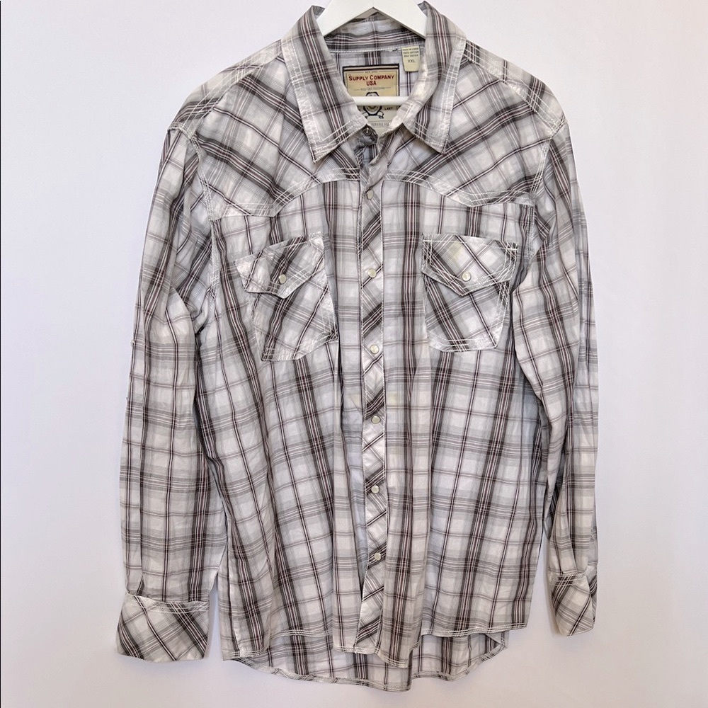 Supply Co Western Cowboy Pearl Snap 100% Cotton Plaid Shirt White Brown Red XXL